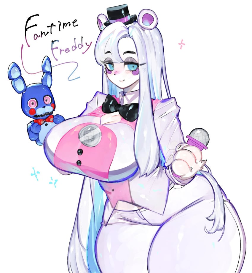 2girls anthro bear big_breasts blush bon_bon bowtie breasts buttons cleavage clothed clothing ear eyebrows eyebrows_visible_through_hair eyelashes eyes female female_only five_nights_at_freddy's five_nights_at_freddy's:_sister_location fnaf funtime_freddy funtime_freddy_(fnafsl) fur genderswap_(mtf) hat humanoid mouth nose puppet_bonnie_(fnafsl) rule_63 scottgames thick_thighs togetoge top_hat url