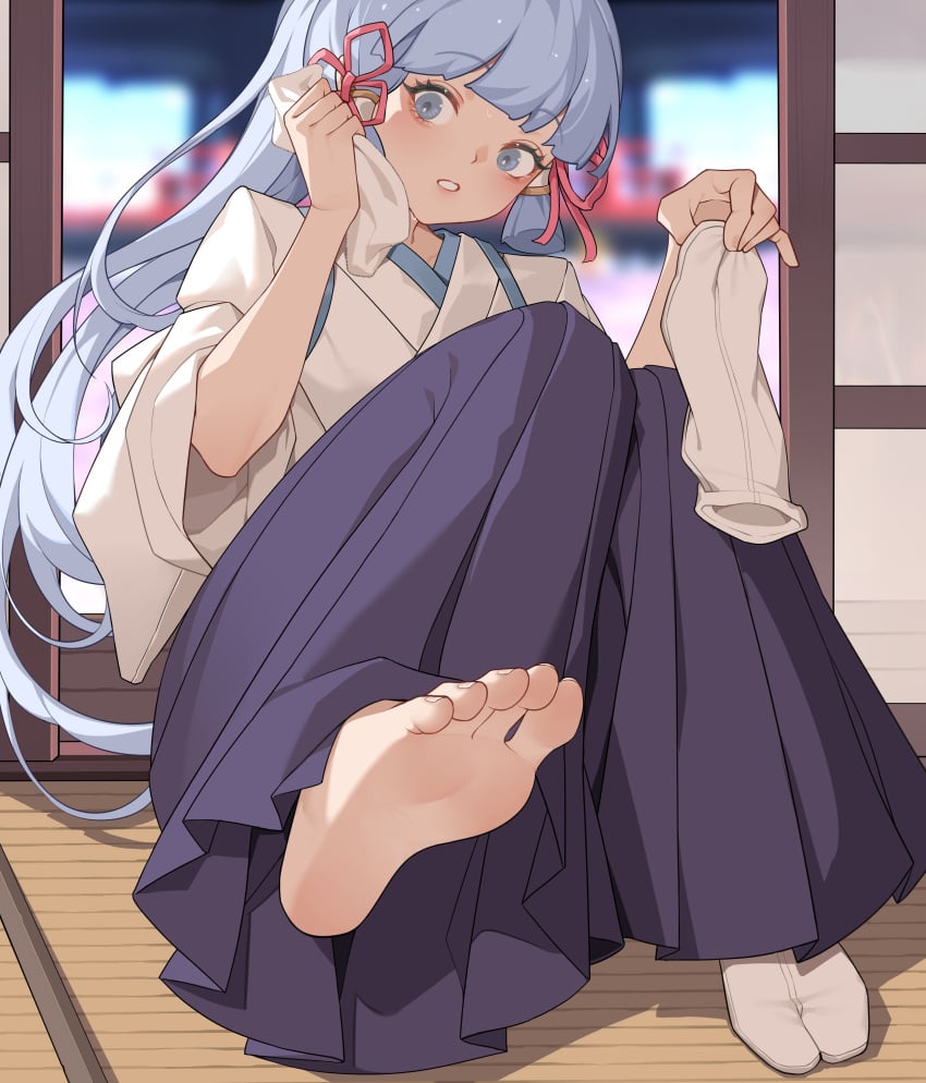 1girls bangs barefoot blue_eyes blue_hair feet feet_fetish female foot_focus fringe genshin_impact hakama japanese japanese_clothes kamisato_ayaka light_blue_hair sitting socks socks_removed sweat tatami toes xssh