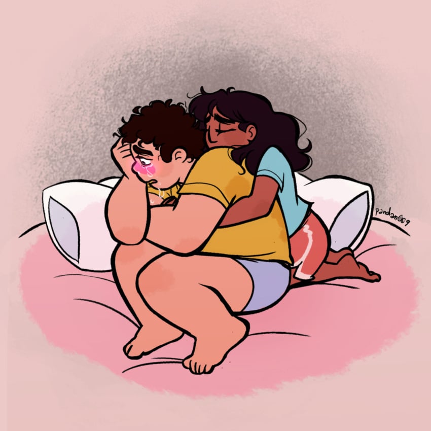 1boy 1girls barefoot bedroom bigger_male cartoon_network closed_eyes comforting connie_maheswaran crying crying_with_eyes_open curly_hair full_body hugging hugging_from_behind long_hair messy_hair pillow santan999 scared scared_expression shirt shorts signature sleepwear steven_quartz_universe steven_universe sweat_stain thick_eyebrows thighs waking_up