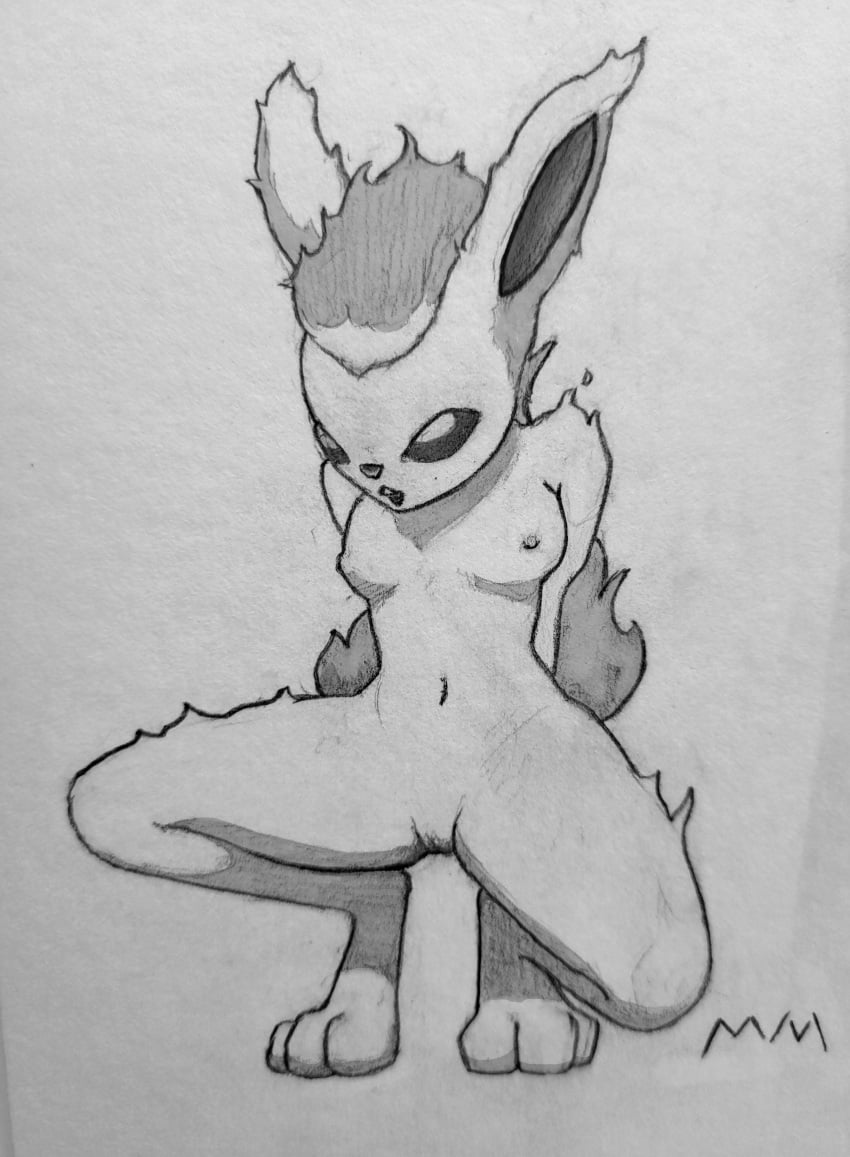 3_toes absurd_res anthro breasts clothed clothing eeveelution feet female fire flaming_hair flaming_tail flareon generation_1_pokemon genitals graphite_(artwork) hi_res kneeling mammal mattythemimic navel nintendo nipples nude open_mouth pencil_(artwork) pokemon pokemon_(species) pokemorph pseudo_hair pussy solo tagme tail toes topless topless_female traditional_media_(artwork)