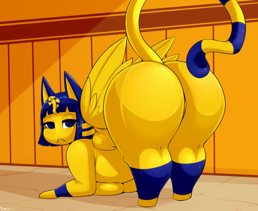 1girls all_fours animal_crossing ankha ankha_(animal_crossing) anthro ass ass_up big_ass big_breasts big_butt blue_eyes blue_hair breast_squish breasts cat_ears cat_tail domestic_cat feathered_wings feathers felid feline felis female female_only frown fur furry genitals hi_res huge_ass huge_butt hybrid looking_at_viewer looking_back looking_back_at_viewer mammal nightfaux nintendo nude nude_female presenting presenting_hindquarters pussy short_hair shortstack solo sphinx tail thick_thighs top-down_bottom-up uraeus wide_hips wings yellow_body yellow_feathers yellow_fur