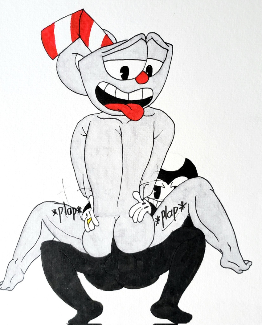 anthro bendy bendy_and_the_ink_machine bendy_straw cowboy_position cuphead cuphead_(game) gay hands_on_butt hands_on_hips having_fun lcc12345 looking_back looking_pleasured married non-human riding riding_penis toony