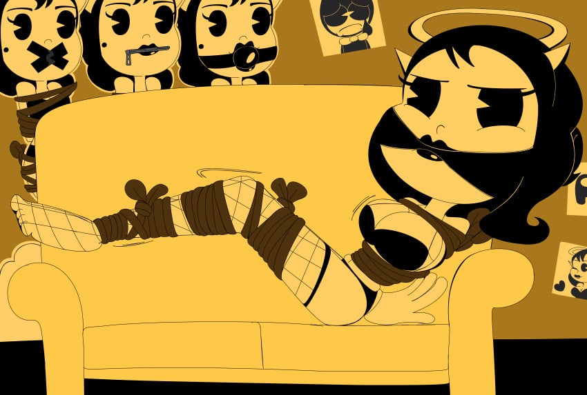 alice_angel annoyed annoyed_expression anthro bendy_and_the_ink_machine bondage cleave_gag on_couch redstheatre