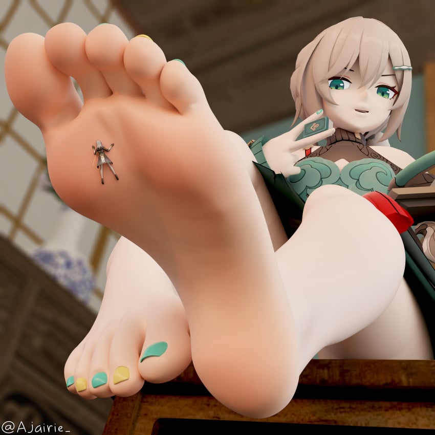 2girls ajairie brown_hair feet female female_only foot_fetish giantess green_eyes honkai:_star_rail minigirl multicolored_toenails qingque_(honkai:_star_rail) soles stelle_(honkai:_star_rail) stuck_to_foot toes