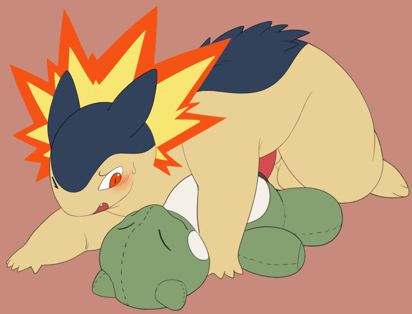 2023 bakphoon digital_media_(artwork) feral fire fur generation_2_pokemon genitals hi_res male mammal nintendo open_mouth penetration penis plushie pokemon pokemon_(species) pururing simple_background solo substitute_doll typhlosion