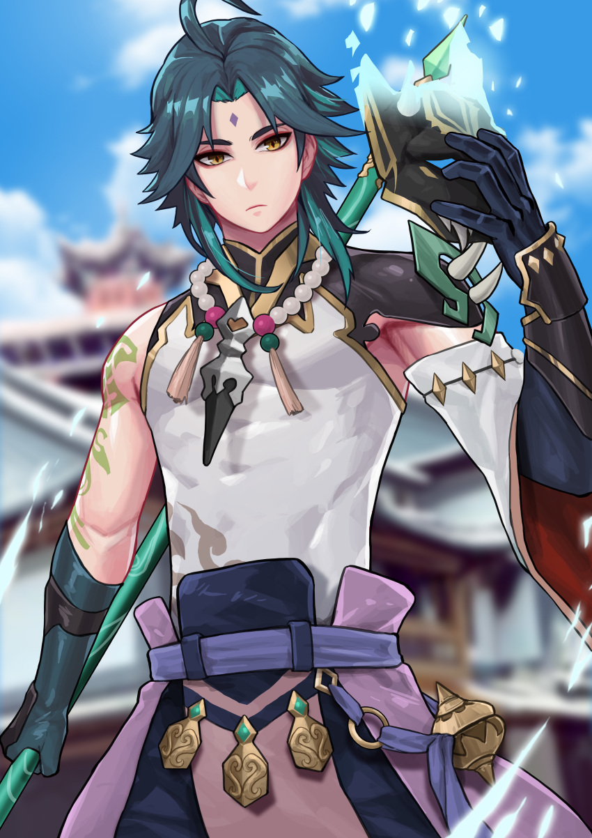 amber_eyes day genshin_impact male_only maorenc mask solo_male spear tattoos teal_hair xiao_(genshin_impact)