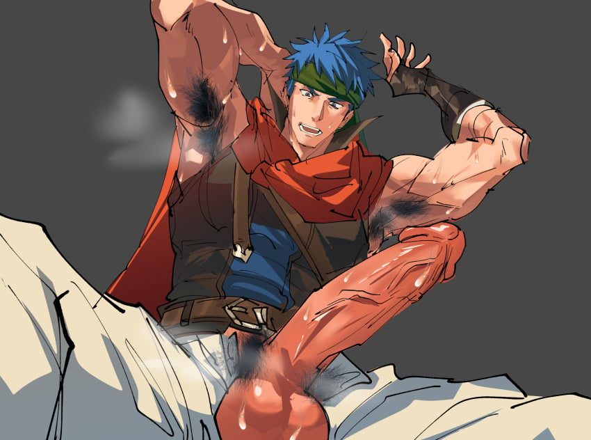 1boy 2023 abs armpit_hair balls bara barazoku biceps big_balls big_penis blue_eyes blue_hair clothing erection fire_emblem fire_emblem:_path_of_radiance fire_emblem:_radiant_dawn hard_on ike_(fire_emblem) male male_focus male_only male_pubic_hair manly muscles muscular muscular_arms muscular_male nintendo nioseptem penis solo solo_male sweat testicles vein veiny_penis