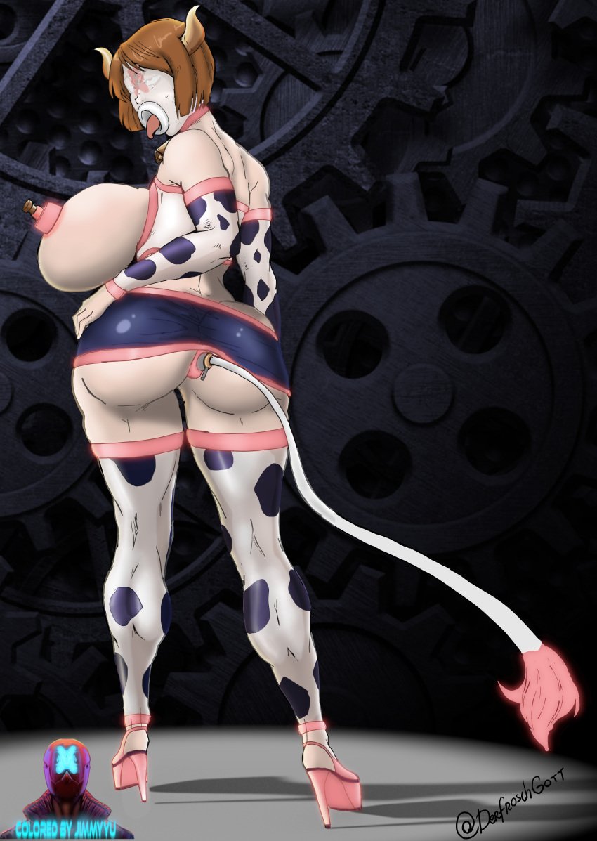 1girls alternate_breast_size body_modification cow_print female female_only gimp_mask high_heels hyper_breasts ibex-cg jujutsu_kaisen kugisaki_nobara lactoselass_(ibex) milk milking solo