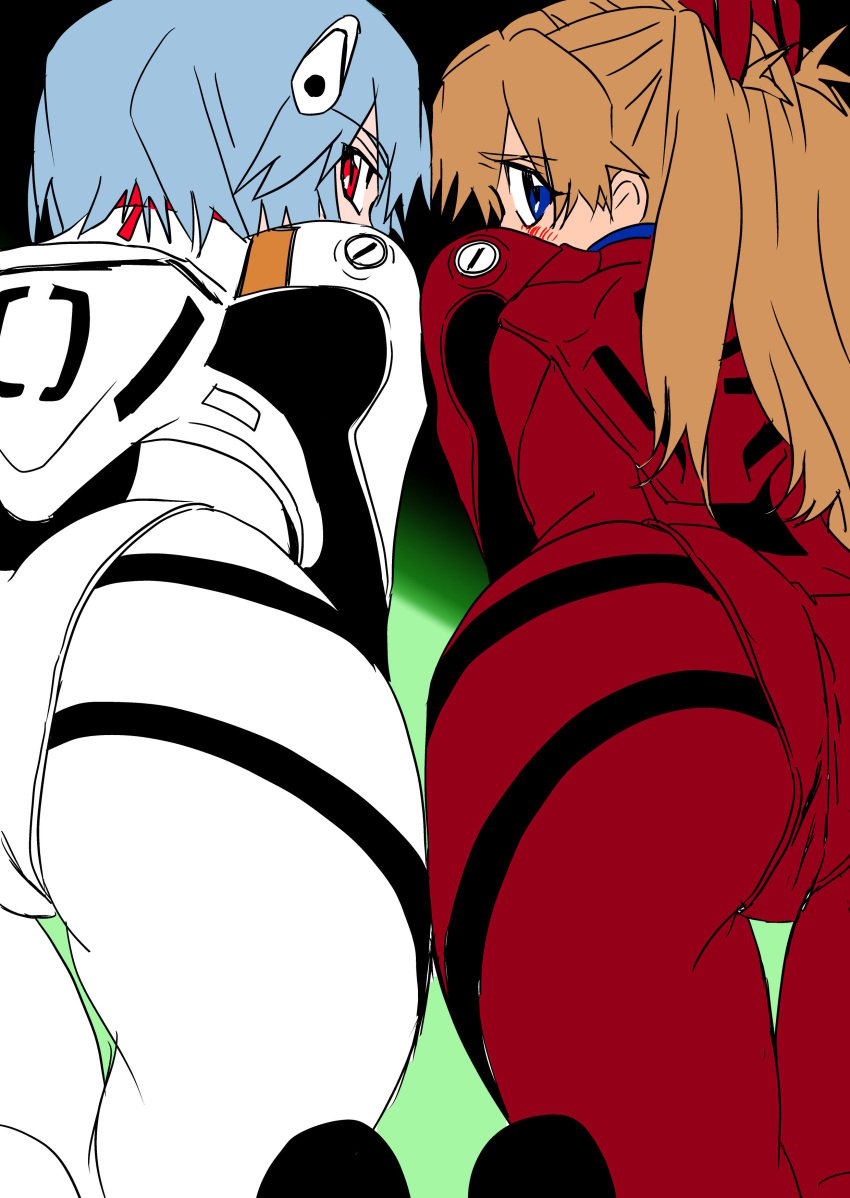 2girls 5rjgl0hk3535597 all_fours ass_focus asuka_langley_sohryu blue_hair blush bodysuit breasts embarrassed female female_only fully_clothed gainax human light-skinned_female light_skin long_hair looking_at_viewer looking_back multiple_girls neon_genesis_evangelion orange_hair pale-skinned_female pale_skin pilot_suit plugsuit pov presenting_hindquarters rei_ayanami short_hair yuutaku1618