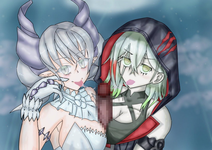 2girls blowjob demon_girl diabellestarr_the_dark_witch gausche_(artist) labrynth_of_the_silver_castle lovely_labrynth_of_the_silver_castle paizuri penis straight yu-gi-oh!