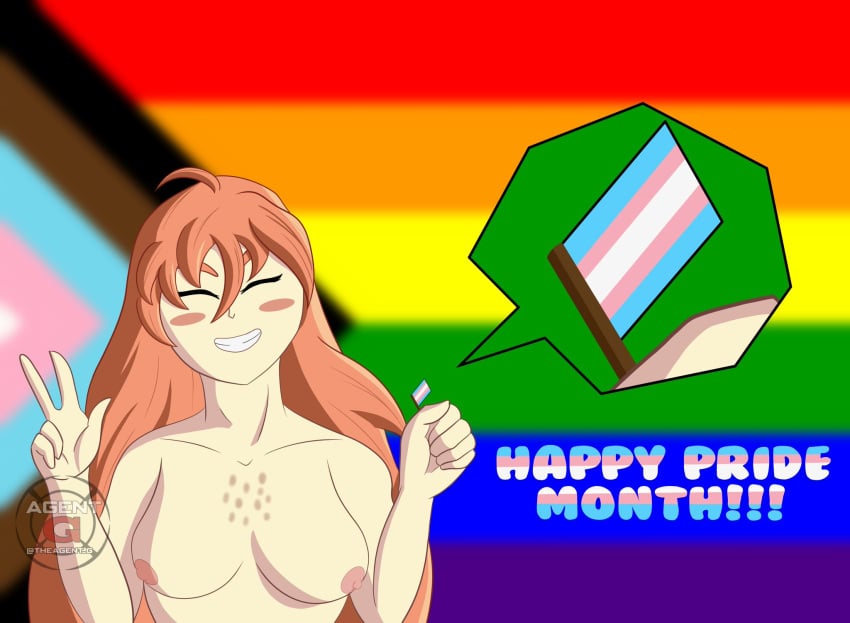 1girls breasts celeste_(game) english_text lgbt_pride lgbt_pride_colors madeline_(celeste) medium_breasts nude orange_hair peace_sign solo theagent_g train transgender_flag transgender_pride_colors