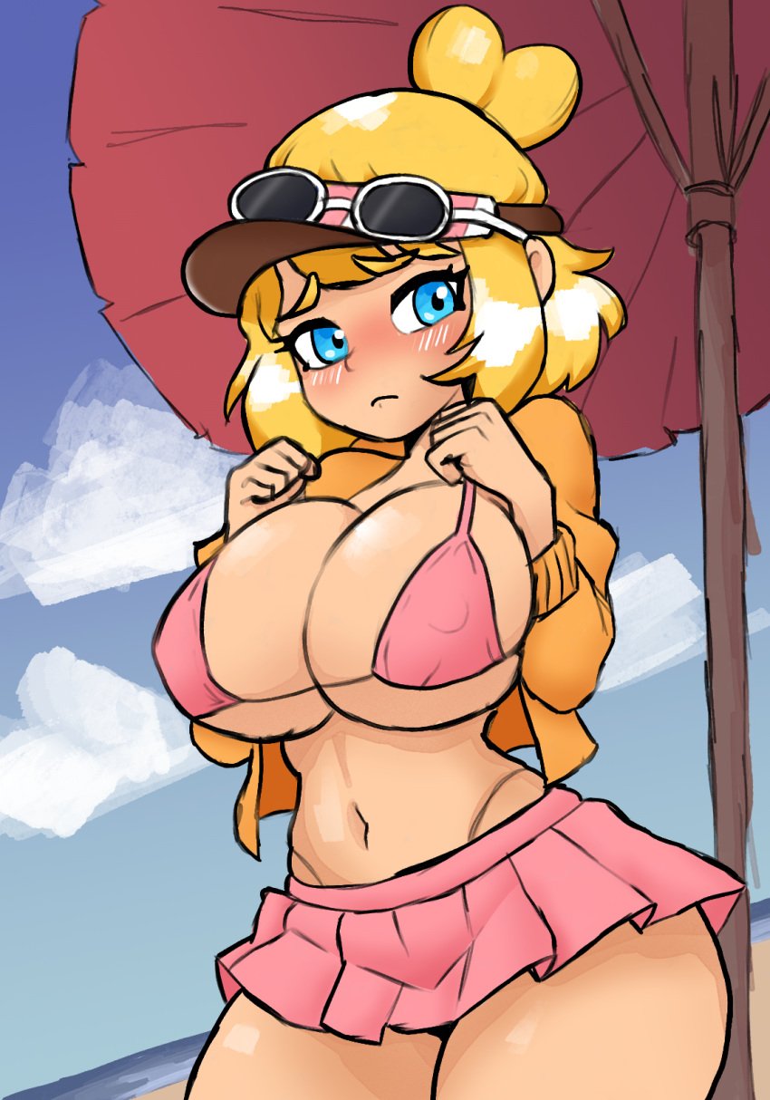 1girls alternate_version_available beach beach_background big_breasts bikini blonde_hair blue_eyes blush breast_squeeze breast_squish coraline_(mii_plaza) crop_top_jacket curvy embarrassed female female_only golden_hair hair_bun ham_saus hands_on_breasts hands_up huge_breasts jacket jacket_open large_breasts light-skinned_female light_skin midriff mii miniskirt nintendo orange_jacket pink_bikini pink_skirt short_hair short_skirt skirt solo streetpass_mii_plaza sunglasses sunglasses_on_hat sunglasses_on_head thong_above_skirt thong_straps visor whale_tail