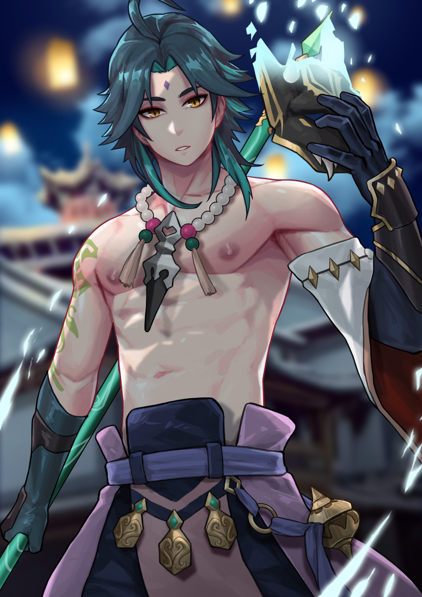 abs amber_eyes genshin_impact male_only maorenc mask night solo_male spear tattoos teal_hair xiao_(genshin_impact)