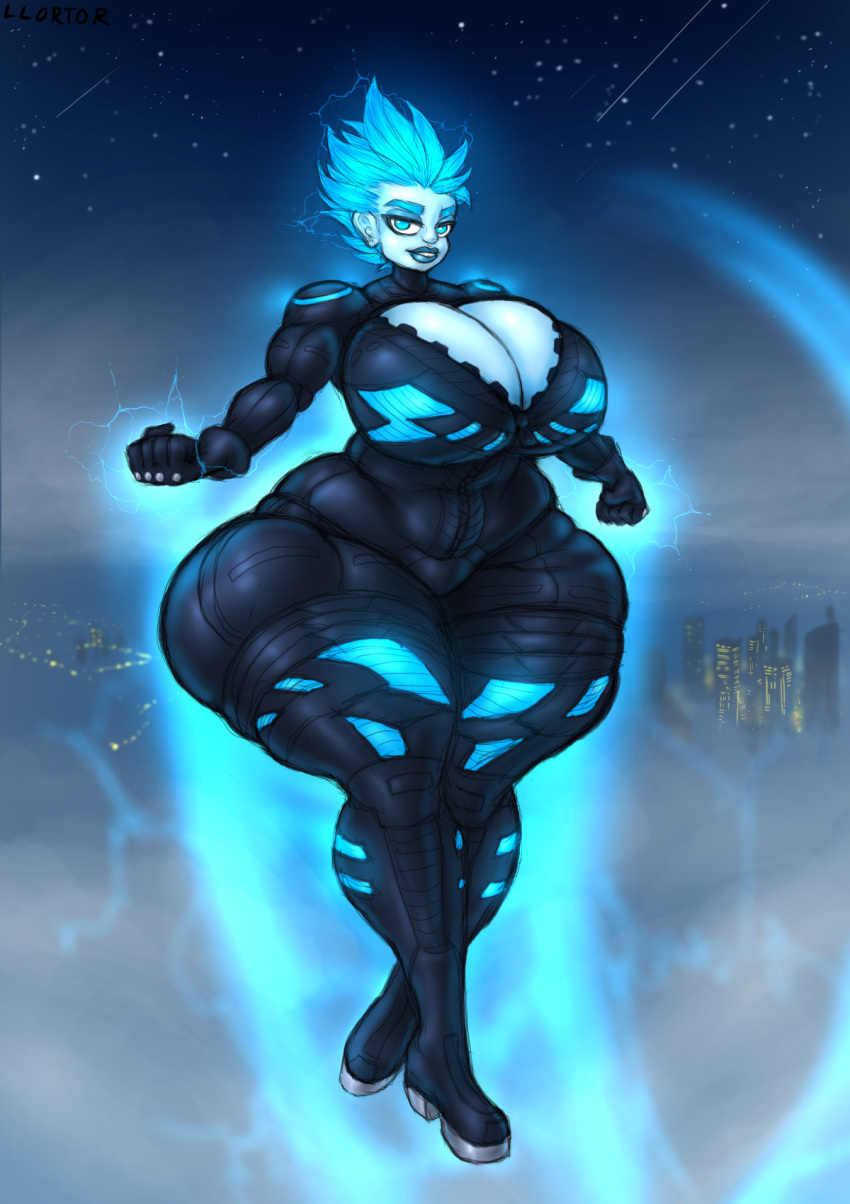 background big_breasts big_thighs black_suit blue_eyes blue_hair blue_lipstick blue_skin blue_skinned_female bodysuit boots breasts breasts_bigger_than_head cleavage cleavage_cutout cloud dc dc_comics dcau digital_media_(artwork) electricity fat_ass fat_thighs flying gloves glowing glowing_eyes glowing_hair hi_res hips_wider_than_shoulders huge_breasts hyper hyper_hips hyper_thighs large_breasts large_thighs latex latex_suit lightning_bolt livewire llortor muscular muscular_arms muscular_female night sky spiky_hair thick thick_thighs thunder_thighs venus_body wide_hips zipper