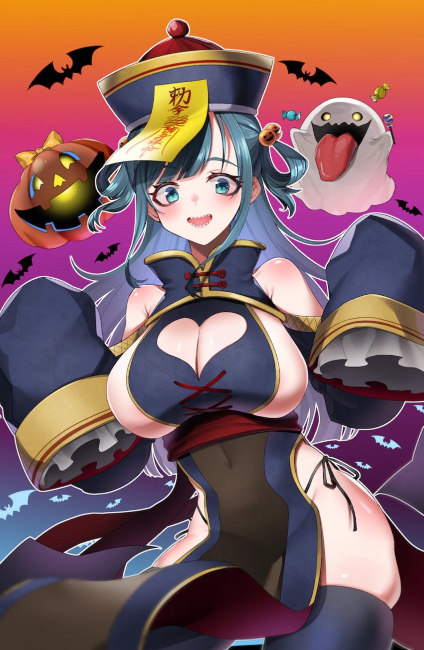 1girls amano_nene_(vtuber) bats belly_button belly_button_visible_through_clothing blush boob_window breasts candy clothed clothing costume cyan_eyes cyan_hair detached_sleeves female female_only food ghosts halloween halloween_costume hat huge_breasts jiangshi_costume light-skinned_female light_skin lollipop long_sleeves looking_at_viewer production_kawaii pumpkin_head sharp_teeth sideboob solo suika_mimikku virtual_youtuber