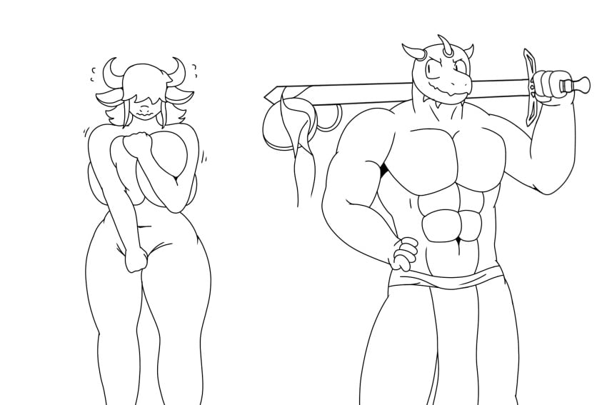 1boy 1girls anthro assisted_exposure black_and_white chunkiroll clothes_removed commission embarrassed embarrassed_nude_female fantasy hair_over_eyes lizard lizardman minotaur minotaur_female muscular_female smirk sword