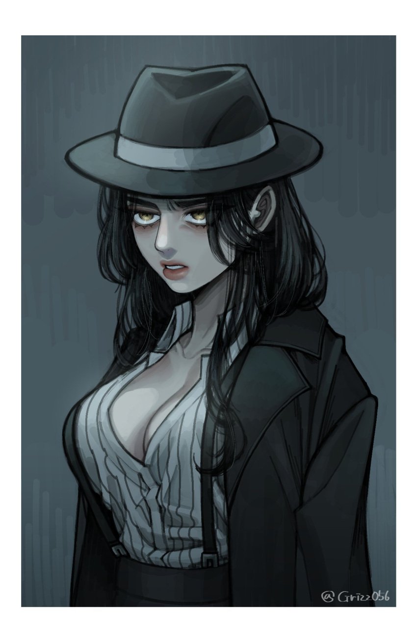 1girls artist_signature bags_under_eyes black_hair breasts cleavage clothed contessa_(worm) fedora female female_only grey_background grizz056 hat hi_res human long_hair pale-skinned_female parahumans shirt_open suspenders white_border wildbow worm_(web_series)