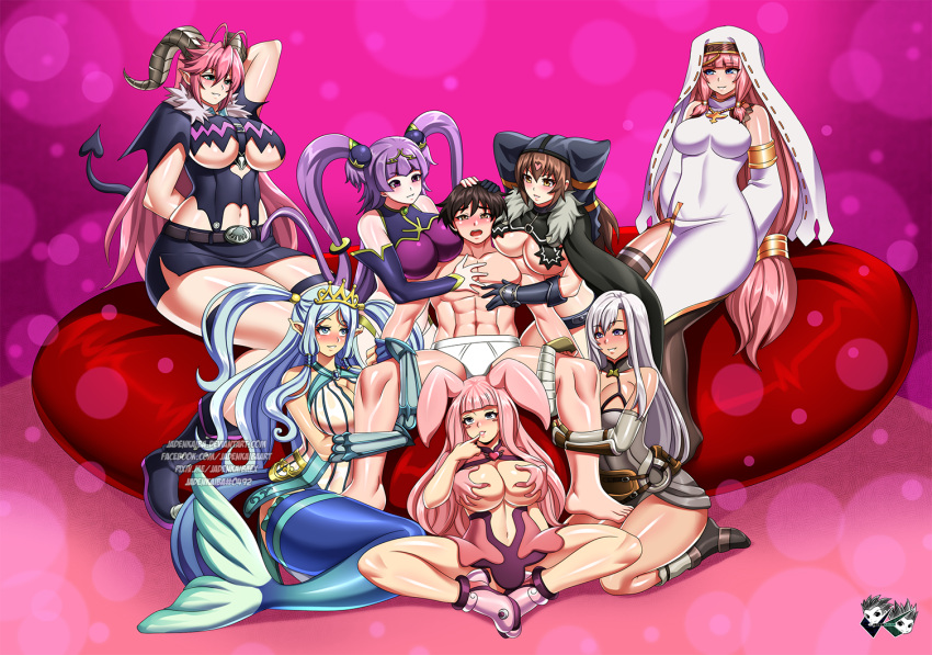 1boy 6+girls 7girls abs alka aono_tsukune asmodeus_(nanatsu_no_taizai) big_breasts black_hair blade_&_soul breasts brown_hair chain_chronicle crossover female harem huge_breasts hyakka_ryouran_samurai_girls jadenkaiba large_breasts male marina_(chain_chronicle) melona mermaid multiple_girls muscle muscular muscular_male nanatsu_no_taizai pink_hair purple_hair queen's_blade rosario+vampire sandwiched_in_boobs seiten_(queen's_blade) shiny_skin tiina_(queen's_blade) tokugawa_sen white_hair