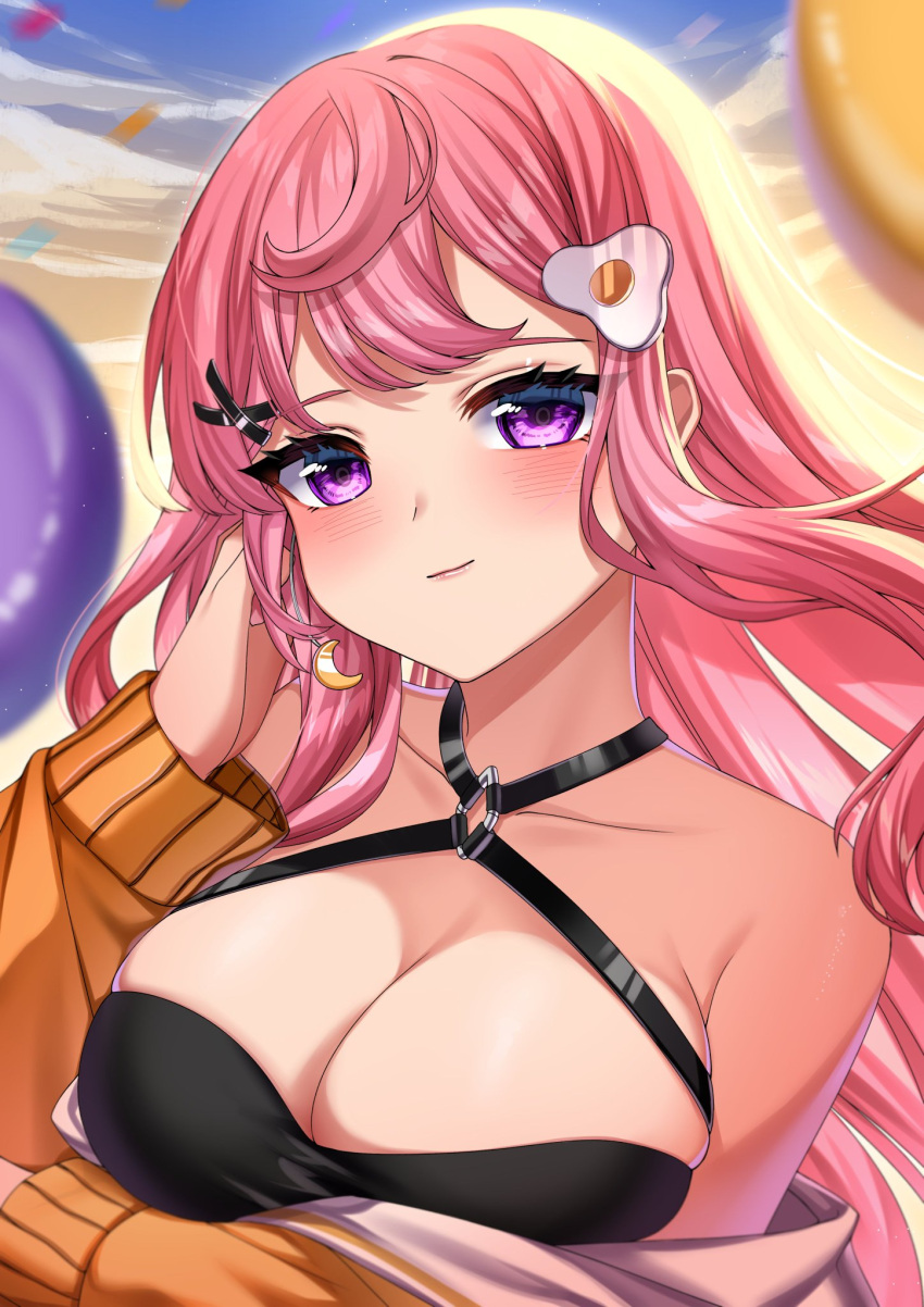 1girls balloons bare_shoulders big_breasts birthday blush cleavage confetti earring egg_hair_ornament eggytamagoki_(artist) exposed_shoulders hairclip hi_res highres indie_virtual_youtuber long_sleeves pink_hair purple_eyes shoulders solo solo_female solo_focus tsukki_tamago upper_body virtual_youtuber x_hair_ornament