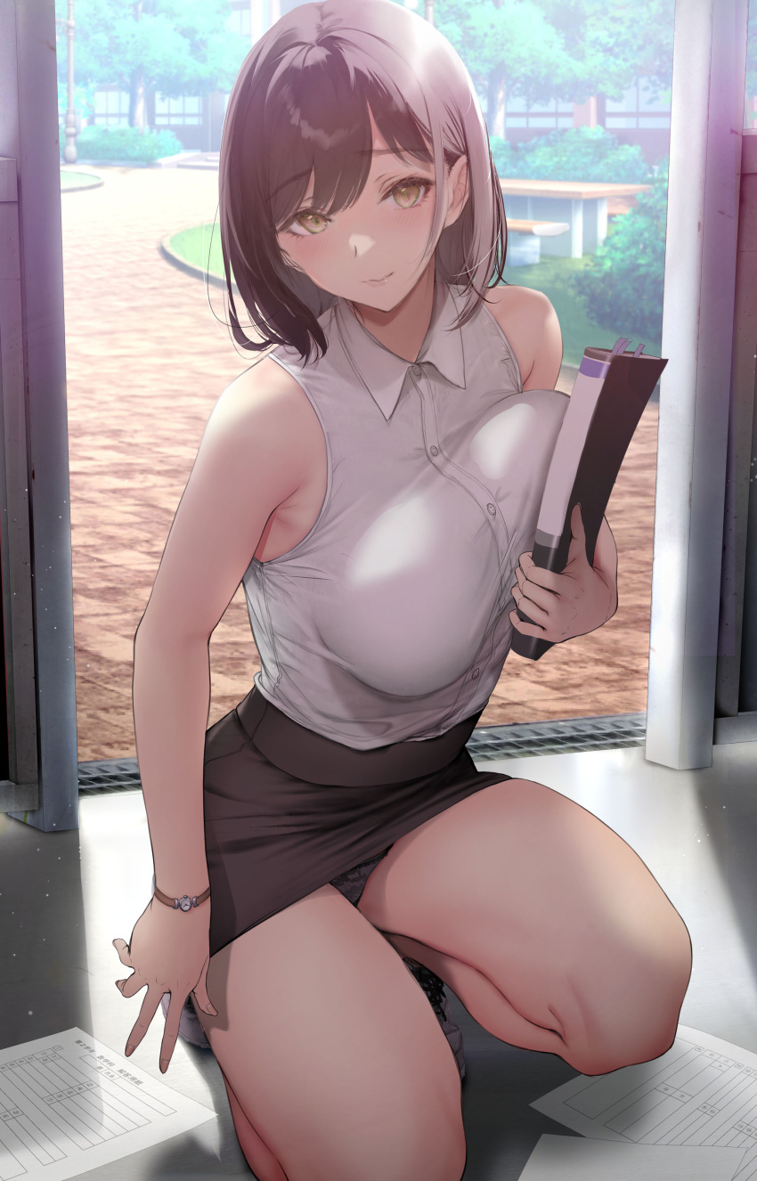 1girls bare_arms bare_shoulders black_panties black_skirt blush breasts brown_hair collared_shirt female female_focus female_teacher gentsuki highres kneeling large_breasts looking_at_viewer mature_female original original_character panties shirt skirt sleeveless_shirt smile thighs underwear white_shirt wristwatch yellow_eyes