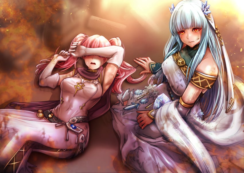 2girls alternate_costume armpits bangs blue_hair breasts broken_weapon cleavage covered_nipples covering covering_eyes crying crying_with_eyes_open defeated dirty dress elbow_gloves female female_only fire_emblem fire_emblem:_the_blazing_blade fire_emblem_heroes from_above gloves hair_ornament kneeling large_breasts light long_hair looking_at_viewer medium_breasts medium_hair miyakura_haruto mud multiple_girls ninian_(fire_emblem) ninian_(resplendent)_(fire_emblem) nintendo official_alternate_costume on_back orange_eyes outdoors pink_hair purple_eyes red_eyes see-through serra_(fire_emblem) slave torn_clothes twintails veil very_long_hair