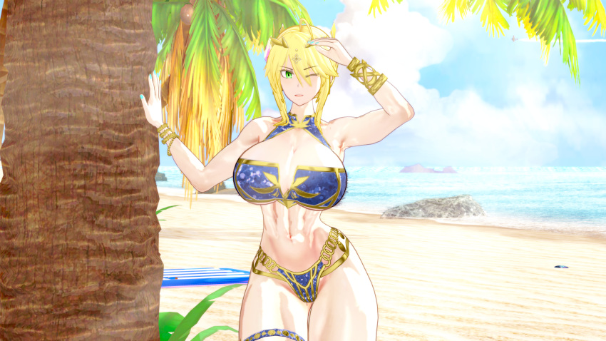 1girls abs artoria_pendragon_(lancer) beach big_breasts big_thighs blonde_hair breasts busty cleavage fate/grand_order fate_(series) female green_eyes huge_breasts huge_thighs knshin koikatsu large_breasts large_thighs looking_at_viewer muscular navel swimsuit thick_thighs thighs voluptuous