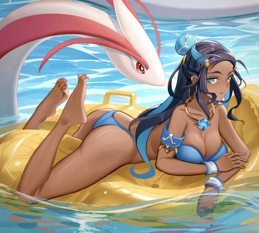 1girls 2d 2d_(artwork) armband arms ass bare_shoulders barefoot bikini black_hair blue_eyes breasts closed_mouth clothed clothing covered_breasts covered_nipples dark-skinned_female dark_skin digital_drawing_(artwork) ear_piercings feet feet_up female female_focus female_only fingers floating gold_jewelry hair hands hips image laying_down laying_on_stomach legs legs_apart legs_up long_hair looking_at_viewer luai milotic necklace nessa_(pokemon) nintendo open_eyes panties pokemon pool shiny_skin shoulders side_view soles streaked_hair swimwear thighs toenail_polish toes two_piece_swimsuit two_tone_hair waist water wrist_cuffs