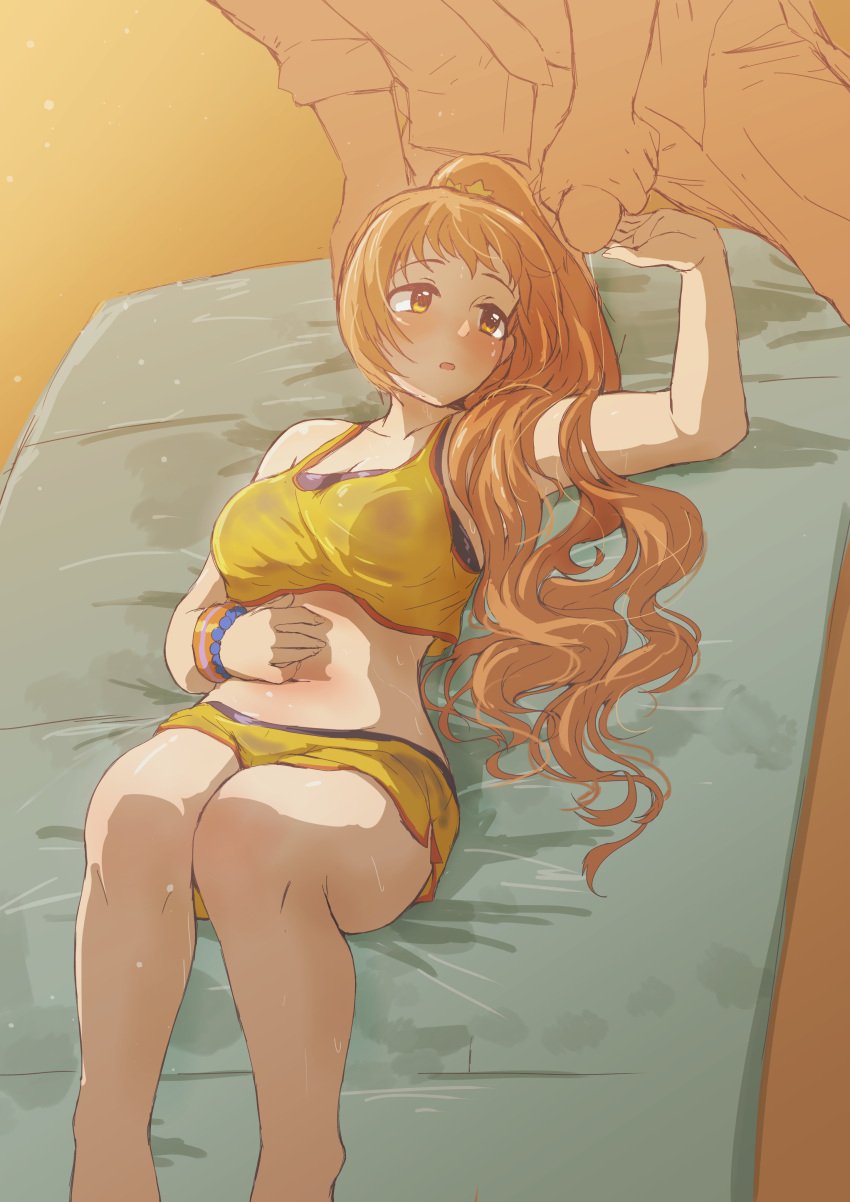 1boy 1girls absurdres blush breasts brown_eyes brown_hair collarbone commission crop_top feet_out_of_frame female hair_fetish hair_flowing_over hair_focus hair_over_shoulder highres human idolmaster idolmaster_cinderella_girls legs_folded long_hair looking_at_penis lying mattress medium_breasts midriff navel necktie on_back parted_lips partially_colored penis pixiv_commission ponytail shirt shorts sleeveless sleeveless_shirt tomawarinosuizou wakabayashi_tomoka wristband yellow_shirt yellow_shorts