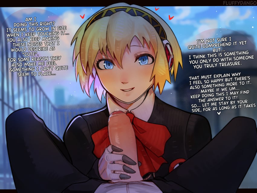 1boy 1girls aegis_(persona) aigis_(persona) atlus bell_haircut blonde_female blonde_hair blue_eyes blue_sky breasts clothed_female clothed_female_clothed_male clothed_male clothing dialogue dick english_text exposed_penis female female_focus floating_heart fluffydango gynoid heart hearts hi_res huge_cock human looking_at_viewer male male_pov pale_skin penis persona persona_3 pov robot robot_girl school sexbot short_hair slight_blush smile uncut uniform wholesome