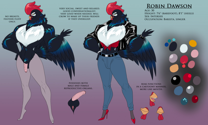 5_fingers avian avian_caruncle balls beak belt bird black_body black_feathers bottomwear bracelet breasts broad_shoulders bulge chest_tuft chicken clothed clothing comb_(anatomy) crovirus curvy_figure denim denim_clothing dewlap_(anatomy) english_text eyelashes eyeshadow feathers fingers footwear foreskin full-package_futanari futanari galliform gallus_(genus) genitals glistening glistening_clothing gradient_background green_eyeshadow hand_on_hip head_crest herm hermaphrodite hi_res high_heels intersex jacket jeans jewelry lipstick makeup model_sheet multi_genitalia muscular muscular_intersex neck_tuft nude pants penis phasianid pussy red_lipstick shirt simple_background small_waist solo spiked_bracelet spikes tail_feathers text tied_shirt topwear tuft vein veiny_penis wattle white_body white_feathers wide_hips yellow_eyes