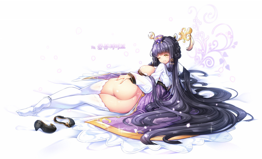 ;d absurdly_long_hair ass black_hair blunt_bangs blush braid breasts character_request commission dress female french_braid from_behind full_body hair_ornament hair_stick high_heels highres large_breasts legs long_hair long_sleeves looking_at_viewer looking_back lying no_panties on_side one_eye_closed original poseich purple_hair simple_background smile solo thighhighs thighs unleashed very_long_hair white_background yellow_eyes