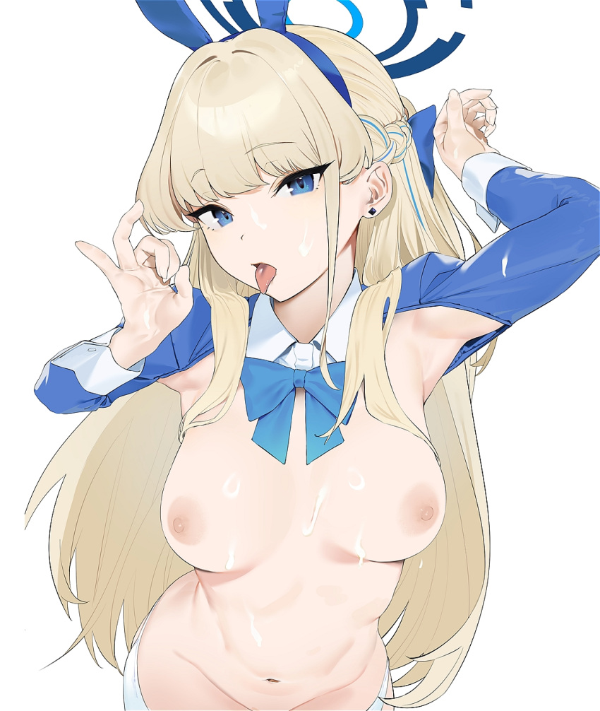 alternate_costume animal_ears blonde_hair blue_archive blue_eyes blue_hair blue_halo blue_sleeves breasts cleaning_&_clearing_(blue_archive) commentary_request cum cum_on_body cum_on_breasts fake_animal_ears fellatio_gesture female halo handjob_gesture highres kitou_sakeru long_hair long_sleeves looking_at_viewer medium_breasts meme_attire millennium_science_school_student multicolored_hair navel nipples open_mouth out-of-frame_censoring rabbit_ears reverse_bunnysuit reverse_outfit simple_background solo stomach toki_(blue_archive) toki_(bunny)_(blue_archive) tongue tongue_out two-tone_hair white_background