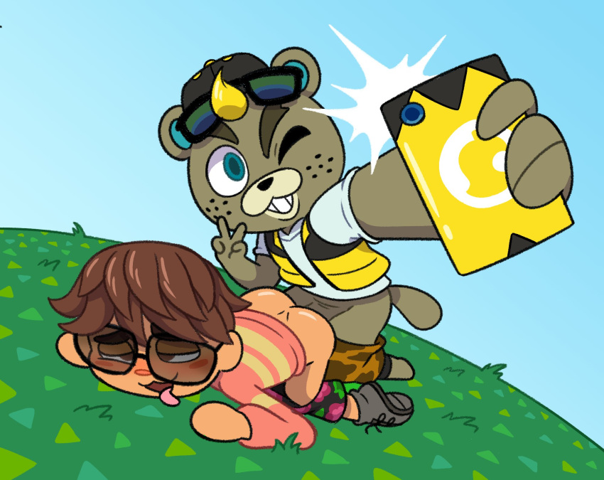 ambiguous_gender anal anal_sex animal_crossing anthro anthro_penetrating anthro_penetrating_human ass_up beaver biped blonde_hair bottomwear brown_body brown_fur brown_hair c.j._(animal_crossing) camera clothed clothing dominant dominant_anthro dominant_male duo eyewear eyewear_on_head from_behind_position fur goopbloop grass hair hi_res human human_on_anthro human_penetrated interspecies kneeling kneeling_sex leapfrog_position looking_pleasured male male/ambiguous male_penetrated male_penetrating mammal nintendo outdoor_sex partially_clothed peace_symbol penetration phone plant posing_for_picture rodent selfie sex shorts sky submissive submissive_human submissive_male sunglasses sunglasses_on_head taking_picture tongue tongue_out topwear vest villager_(animal_crossing)