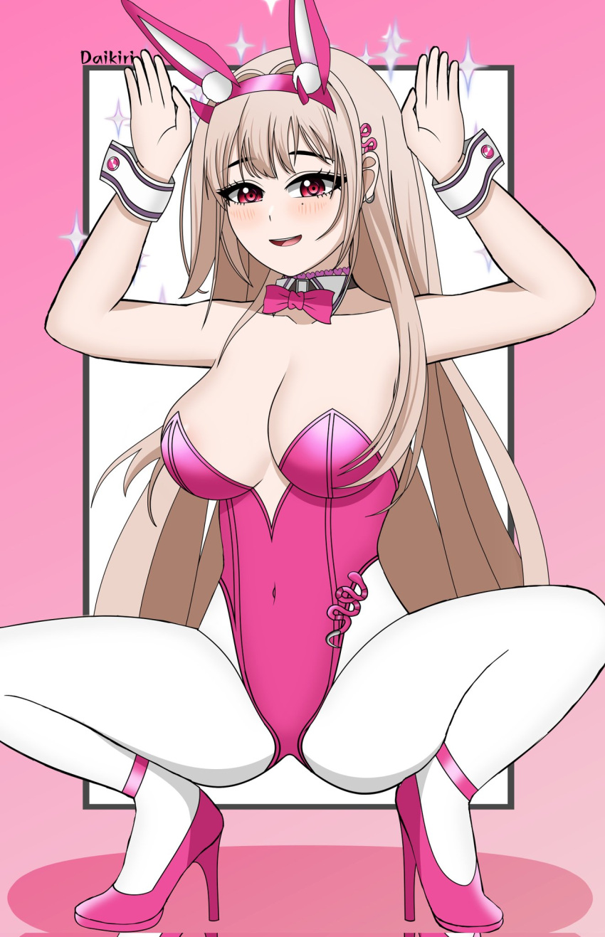 1girls blonde_hair breasts bunny_ears bunny_girl bunnysuit daikiri_di_mon goddess_of_victory:_nikke hands_up horns long_hair looking_at_viewer pink_eyes smiling squatting very_long_hair viper_(nikke) viper_(toxic_rabbit)_(nikke)