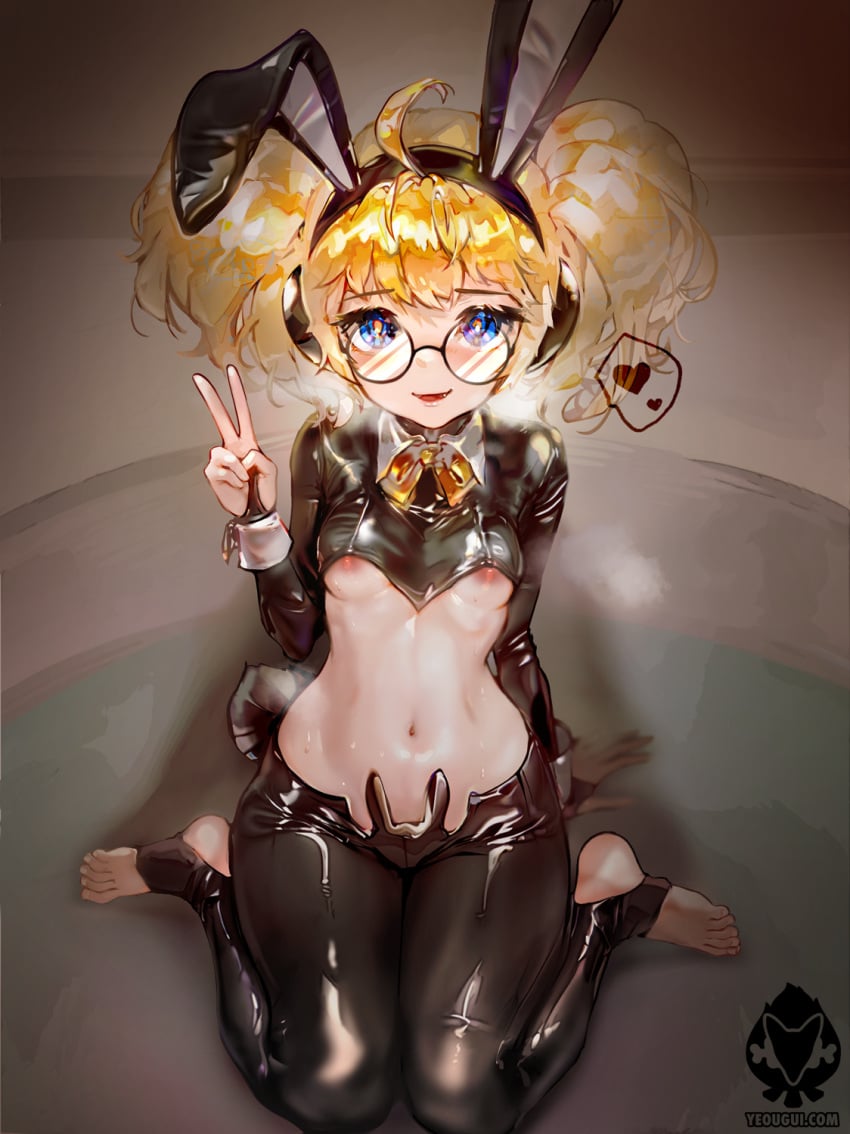 ahoge animal_ear_headphones animal_ears artist_logo belly blonde_hair blue_eyes blush breasts eliza_(yeougui) fake_animal_ears feet glasses headphones highres latex latex_legwear looking_at_viewer meme_attire navel oerba_yun_fang open_mouth original rabbit_ears rabbit_tail reverse_bunnysuit reverse_outfit ribbon simple_background sitting small_breasts steam stirrup_legwear tail toeless_legwear toes underboob v wariza yellow_ribbon yeougui