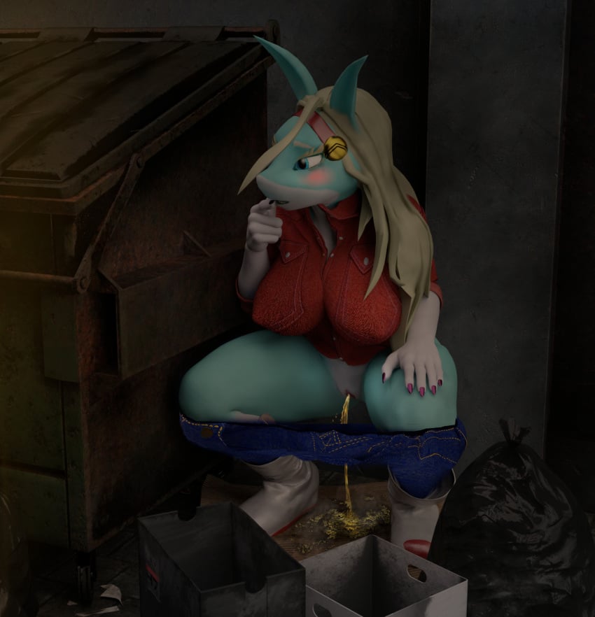 3d_(artwork) accessory alley anthro bbdworks big_breasts bite blonde_hair blue_eyes blush bodily_fluids boku_no_hero_academia bottomwear bottomwear_down box breasts canid canine clothed clothing colored_nails container crouching digital_media_(artwork) dress_shirt dumpster female finger_bite finger_in_mouth footwear fox fur genital_fluids genitals green_body green_fur hair hair_accessory hairband hi_res hiding hiding_behind_object ippan_josei looking_aside low_light mammal my_hero_academia nails nipple_outline outside pants pants_down partially_clothed peeing peeing_on_ground peeing_outside purple_fingernails pussy self_bite shirt shoes shy solo thick_thighs topwear trash trash_bag unknown_species urine urine_pool