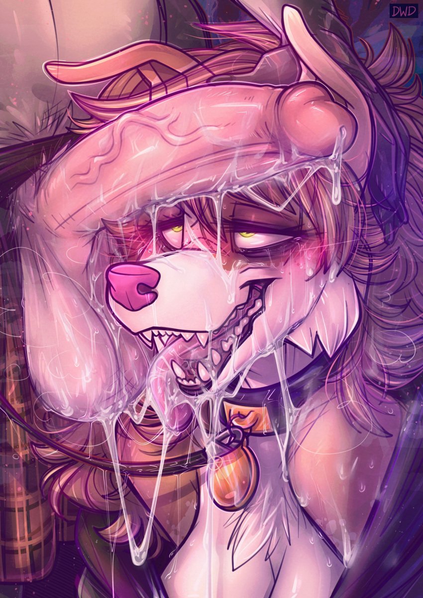 absurd_res anthro bodily_fluids breasts canid canine cleavage clothed clothing collar cum dimmi_(character) dimwitdog female genital_fluids genitals hi_res male male/female mammal original original_character penis sharp_teeth teeth vein veiny_penis