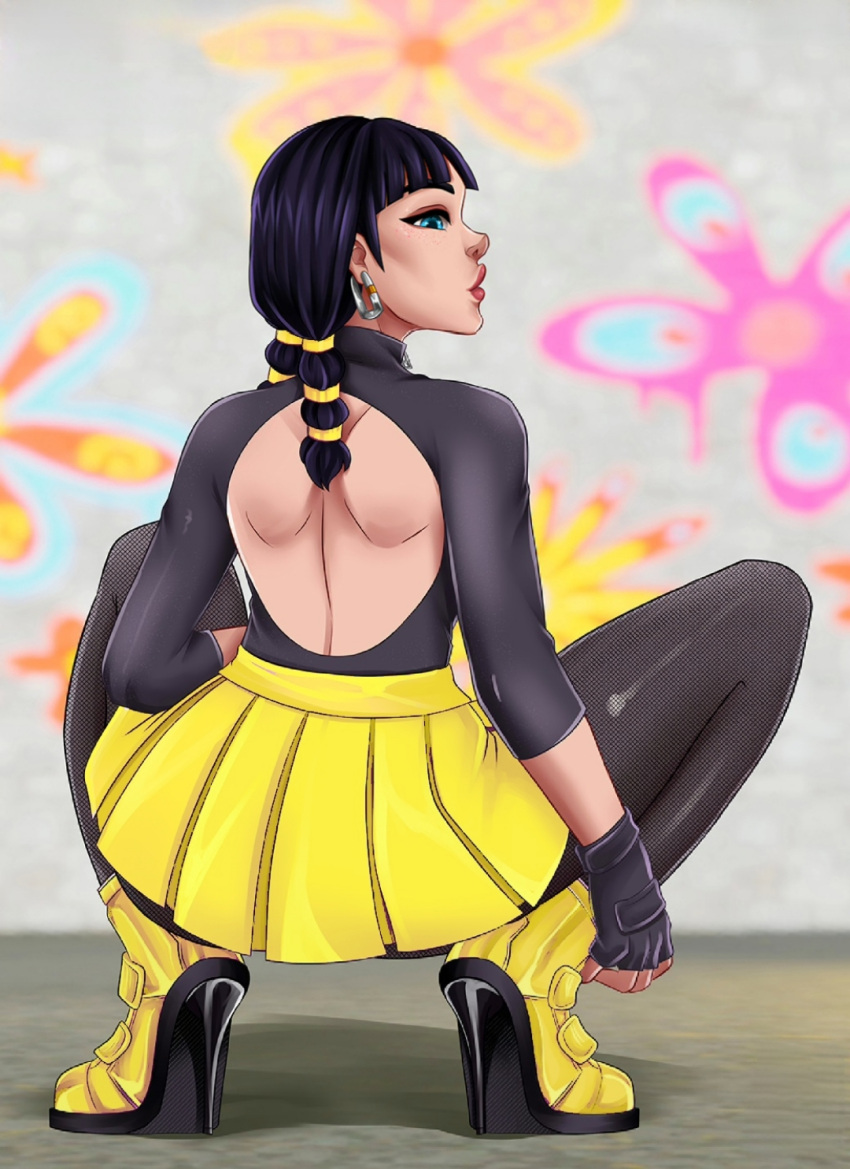 1girls back_view black_hair blue_eyes chic_(fortnite) edit female female_only fortnite pyro3101 skirt spread_legs tyrana yellow_skirt