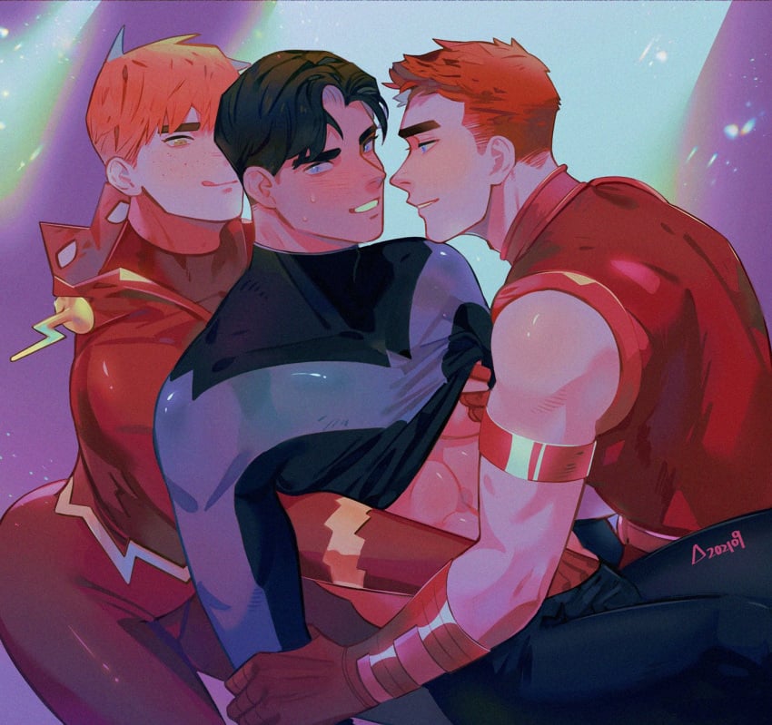 3boys arsenal_(dc) bananakiiwi batman_(series) being_undressed black_hair black_hair_bottom blue_eyes dc dc_comics dick_grayson domination gay ginger hand_in_pants hand_on_crotch light_hair_on_dark_hair male male/male male_only nightwing red_hair red_hair_on_black_hair red_hair_top roy_harper sandwiched shirt_lift the_flash the_flash_(series) tight_clothing undressing wally_west yaoi young_justice