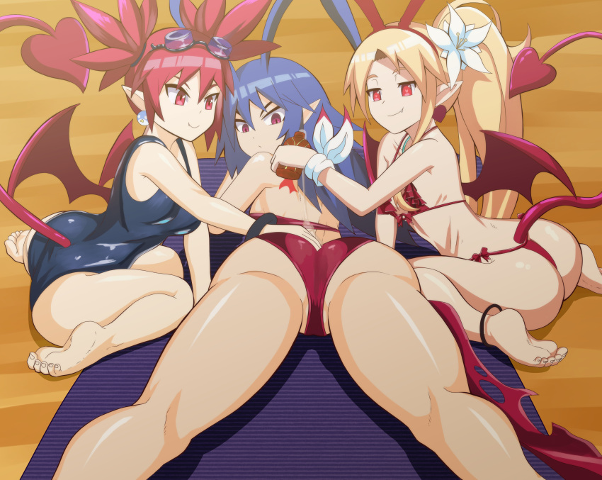 3girls beach beach_towel bikini bikini_bottom disgaea disgaea_1 disgaea_d2 etna flonne laharl laharl-chan laying_on_stomach looking_back loquillo lotion multiple_girls nippon_ichi_software one-piece_swimsuit ponytail rubbing_ass rubbing_back suntan_lotion swimsuit yuri