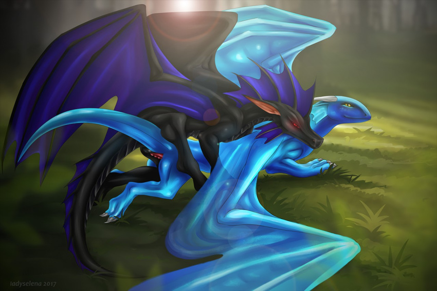 black_body blue_body cmasterjr dragon duo female feral frill_(anatomy) glowing glowing_eyes horn ladyselena male male/female membrane_(anatomy) membranous_wings outside red_eyes tail vality wings yellow_eyes