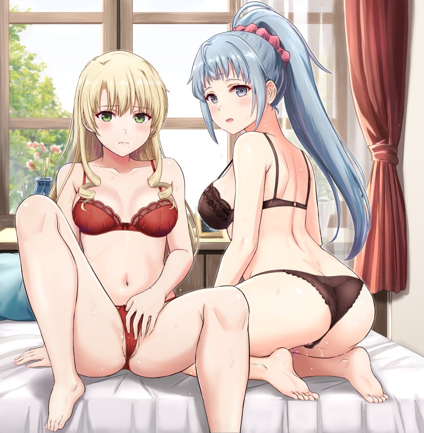 2girls blonde_hair blue_hair female female_only green_eyes inanaki_shiki kawasaki_saki miura_yumiko multiple_girls my_teen_romantic_comedy_snafu purple_eyes red_bra