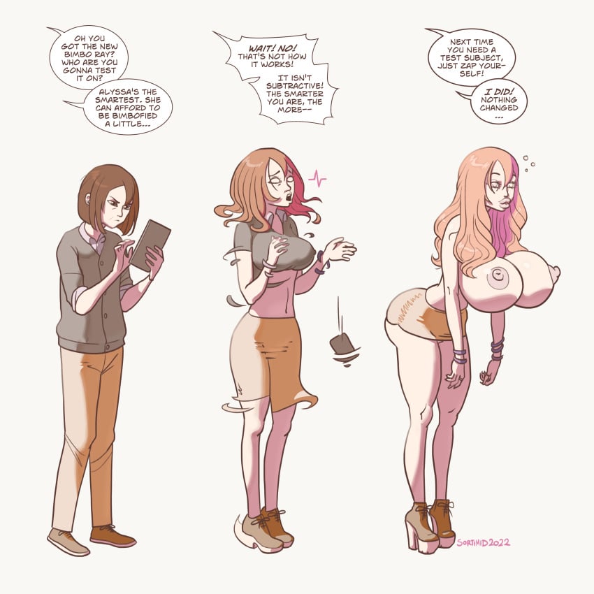 1girls 2022 bimbo bimbofication brain_drain breast_expansion brown_hair comic dated english_text high_heel_boots high_heels huge_breasts identity_death iq_loss large_breasts nipples platform_heels signature sortimid text topless transformation