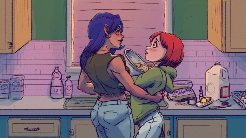 16:9 2girls about_to_kiss age_difference baking blue_hair blush brown_eyes butter clothed clothing cooking disney egg eggs embarrassed female_only hand_on_back human implied_incest indoor jeans jetix jpeg julesartstash kitchen kitchen_counter milk_bottle mother_and_daughter older_female older_woman_and_teenage_girl older_woman_and_younger_girl red_hair short_hair smirk spray_bottle sugar susan_vandom w.i.t.c.h. will_vandom yuri