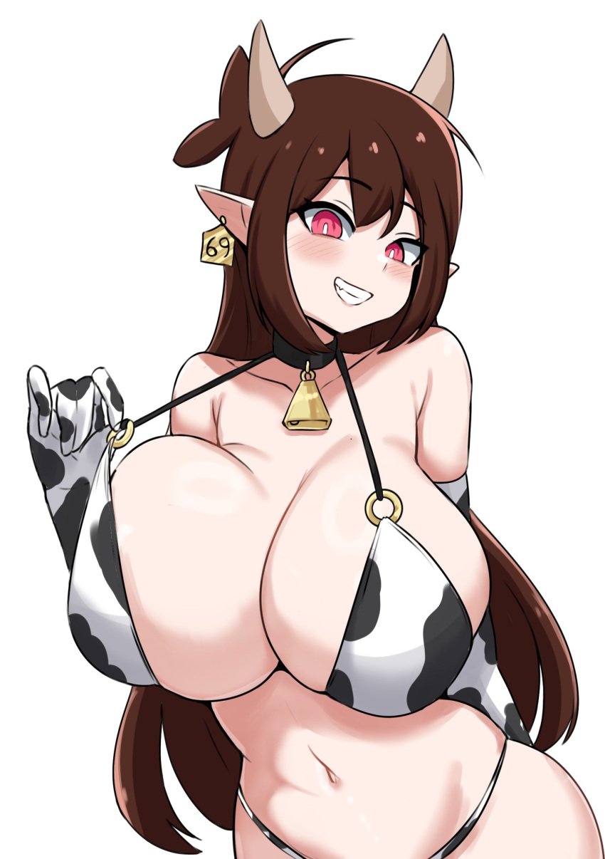 big_breasts blank_background brown_hair charlotte_(aviyne) cow_ears cow_girl cow_horns cow_print cowbell ear_tag horn horns huge_breasts large_breasts long_gloves long_hair long_hair_female plain_background pointed_ears red_eyes wozzu1