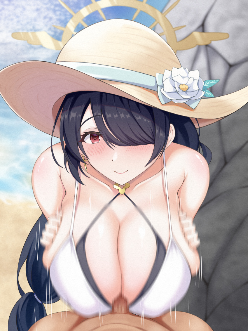 1boy 1girls action_lines beach bikini_top black_hair blue_archive breasts censored cleavage dark-skinned_male dark_skin hair_over_one_eye halo hat hinata_(blue_archive) hinata_(swimsuit)_(blue_archive) huge_breasts light-skinned_female light_skin male_pov mosaic_censoring nipple_bulge outside penis pov red_eye shirahon sisterhood_(blue_archive) smile sun_hat swimsuit trinity_general_school_student