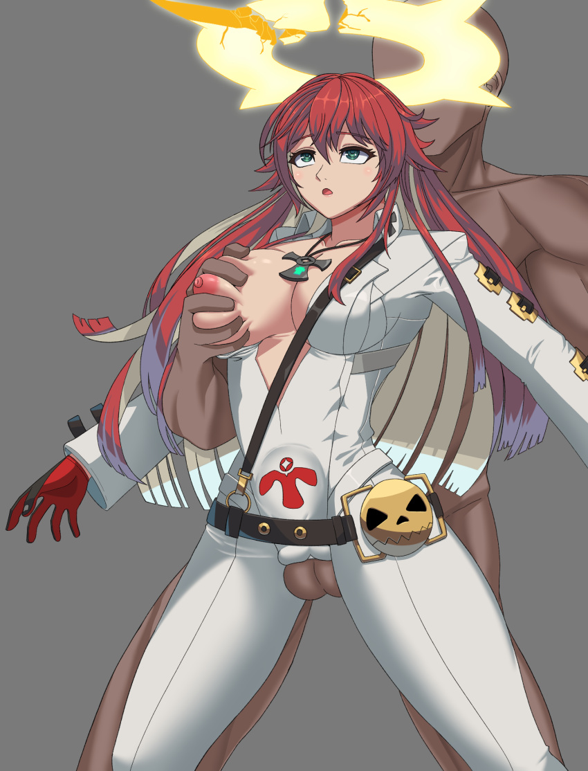 1boy 1boy1girl 1girls 2022 aassddff balls breast_grab breasts broken_halo cheating clothed_female_nude_male clothed_sex dark-skinned_male faceless_male forced_in_fabric gloves green_eyes guilty_gear halo jack-o'_valentine large_breasts long_hair necklace nipple red_hair sex standing standing_sex stomach_bulge tagme thighs through_clothes tight_clothing track_suit two_tone_hair vaginal_penetration