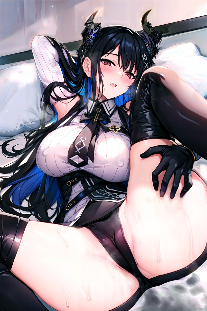 1girls absurdres ai_generated arm_behind_head arm_up armpits black_gloves black_hair black_horns black_necktie black_panties black_thighhighs blue_hair blush breasts cameltoe cleft_of_venus colored_inner_hair covered_nipples crotch female gloves highres hololive hololive_advent hololive_english hololive_english_-advent- horns large_breasts looking_at_viewer lying m_legs mole mole_under_eye multicolored_hair necktie nerissa_ravencroft on_back open_mouth panties pillow red_eyes solo spread_legs sugiki sweat thighhighs thighs two-tone_hair underwear virtual_youtuber