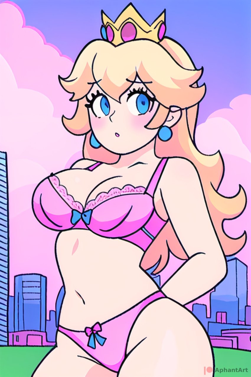 1girls ai_generated arms_behind_back big_breasts blonde_hair blue_eyes bra breasts busty cleavage female female_only large_breasts lingerie looking_at_viewer mario_(series) navel nintendo panties patreon_watermark pink_bra pink_panties princess_peach solo solo_female voluptuous