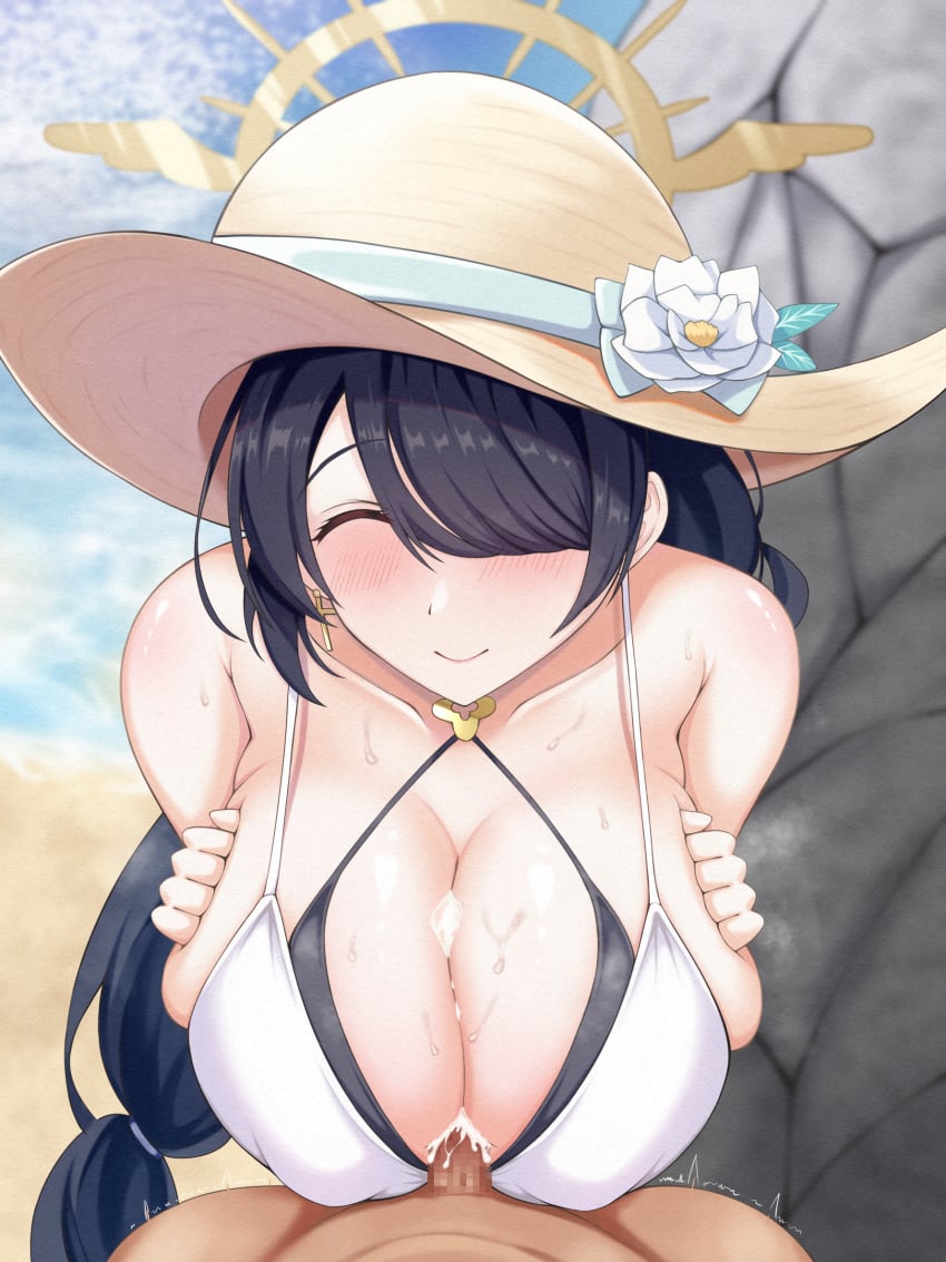 1boy 1girls beach bikini_top black_hair blue_archive breasts censored cleavage closed_eye cum cum_between_breasts cum_on_breasts dark-skinned_male dark_skin ejaculation ejaculation_between_breasts hair_over_one_eye halo hat hinata_(blue_archive) hinata_(swimsuit)_(blue_archive) huge_breasts light-skinned_female light_skin male_pov mosaic_censoring nipple_bulge outside penis pov shirahon sisterhood_(blue_archive) smile sun_hat sweat swimsuit trinity_general_school_student